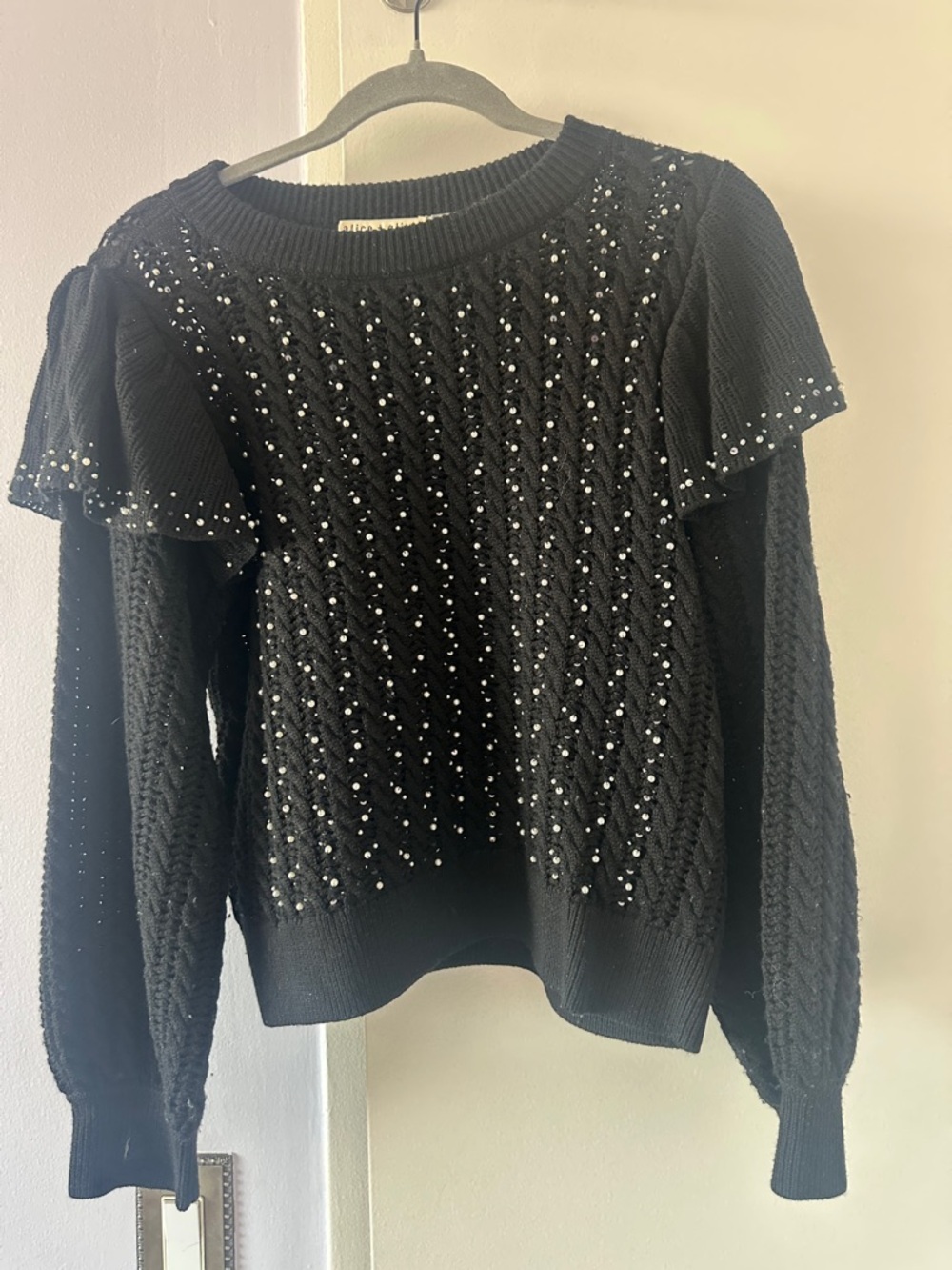 Alice + Olivia Black Beaded Cable Knit Sweater with Ruffle Shoulders